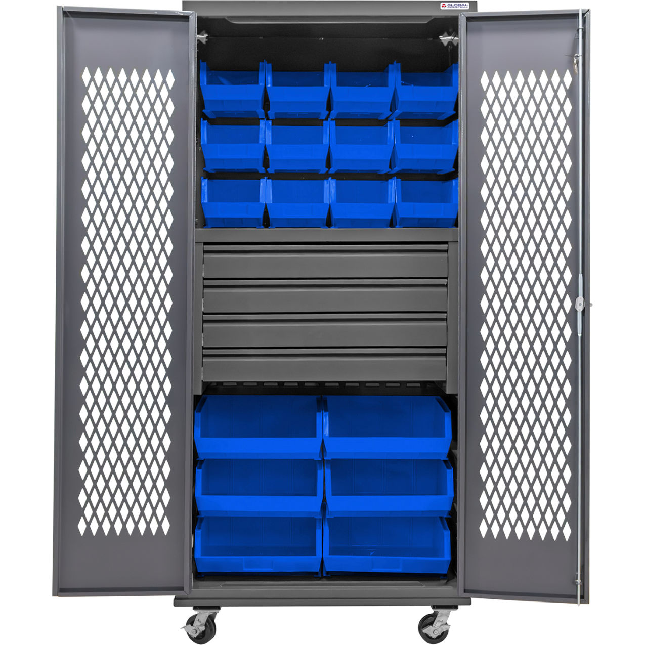 Configurable Ventilated Mobile Bin Cabinet, 36"x24"x85", 4 Drawers, 66 Blue Bins