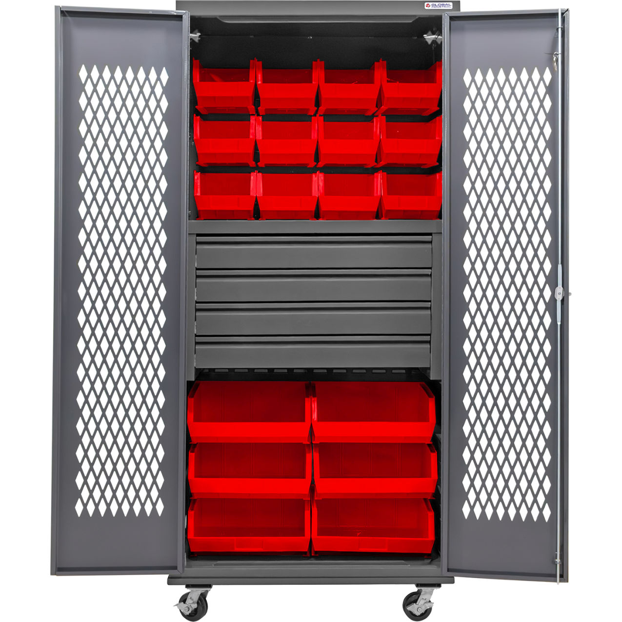 Configurable Ventilated Mobile Bin Cabinet, 36"x24"x85", 4 Drawers, 66 Red Bins