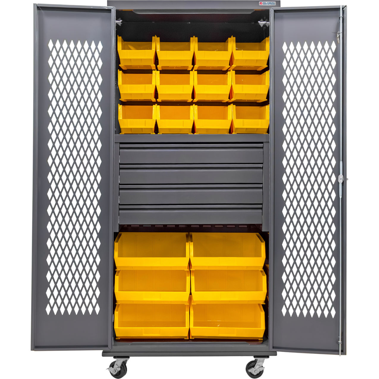 Configurable Ventilated Mobile Bin Cabinet, 36"x24"x85", 4 Drawers, 66 YLW Bins