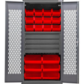 Configurable Ventilated Drawer Cabinet, 36"Wx24"Dx78"H, 4 Drawers, 66 Red Bins