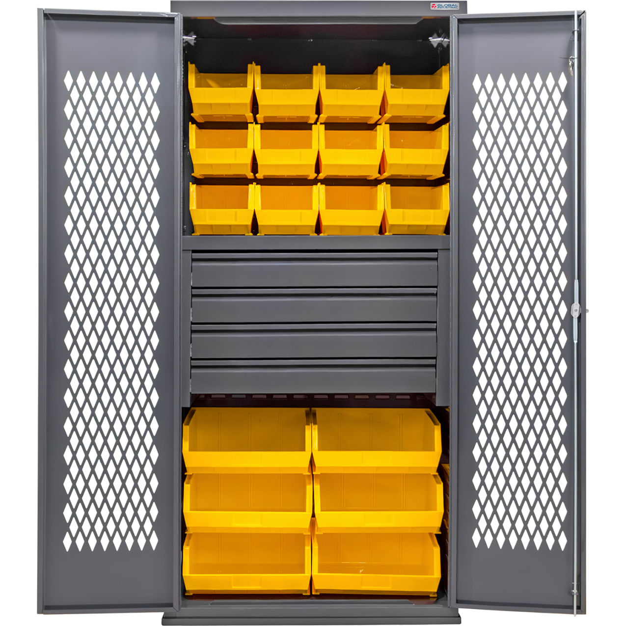 Configurable Ventilated Drawer Cabinet, 36"Wx24"Dx78"H, 4 Drawers, 66 Yellow Bins
