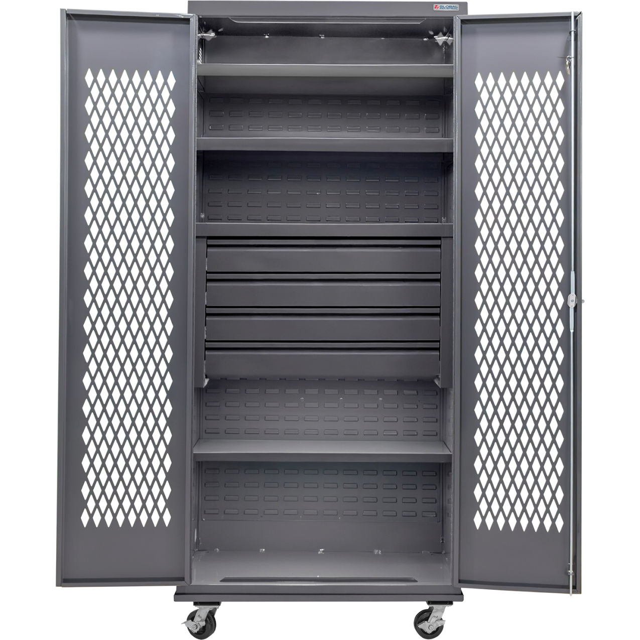 Configurable Ventilated Mobile Drawer Cabinet, 36"x24"x85", 4 Shelves, 4 Drawers