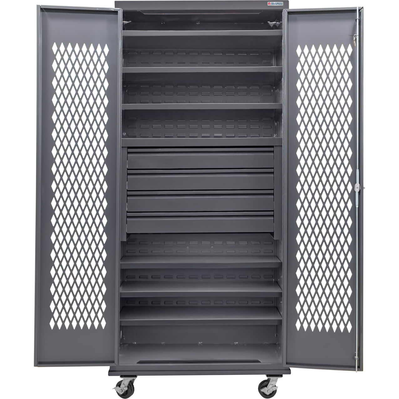 Configurable Ventilated Mobile Drawer Cabinet, 36"x24"x85", 6 Shelves, 4 Drawers