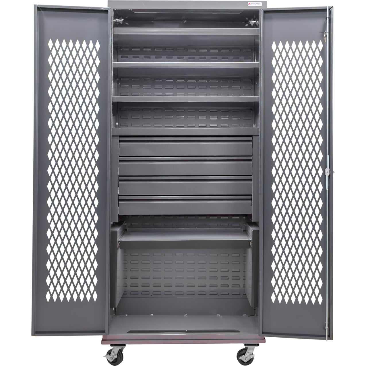 Configurable Ventilated Mobile Drawer Cabinet, 36"x24"x85", 5 Shelves, 4 Drawers