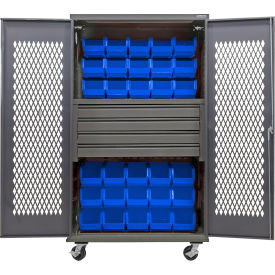 Configurable Ventilated Mobile Bin Cabinet, 48"x24"x85", 4 Drawers, 36 Blue Bins