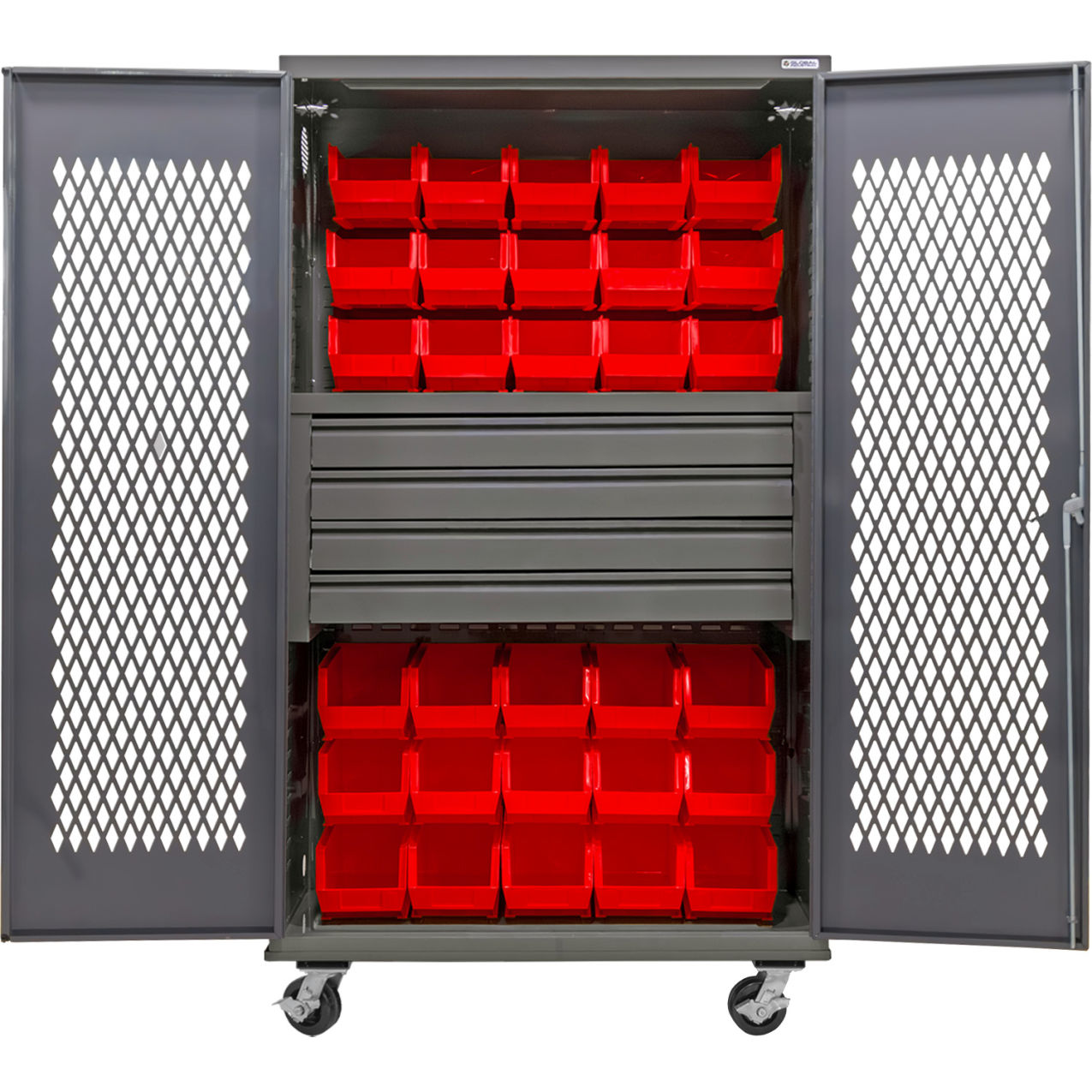 Configurable Ventilated Mobile Bin Cabinet, 48"Wx24"Dx85"H, 4 Drawers, 36 RD Bins