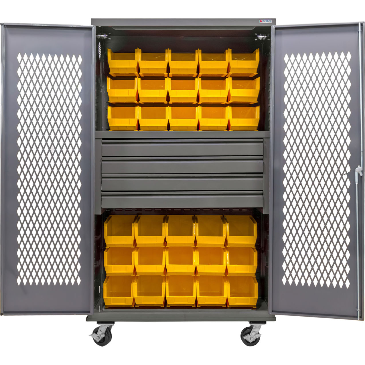 Configurable Ventilated Mobile Bin Cabinet, 48"Wx24"Dx85"H, 4 Drawers, 36 YL Bins