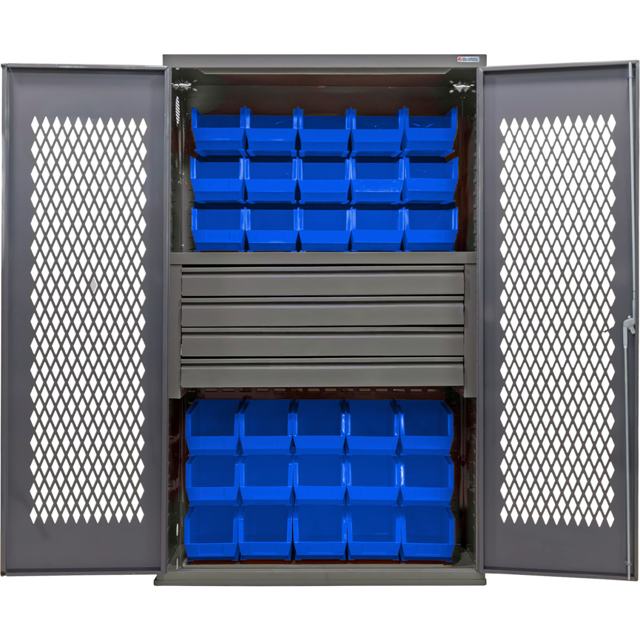 Configurable Ventilated Bin Cabinet, 48"Wx24"Dx78"H, 4 Drawers, 36 Blue Bins