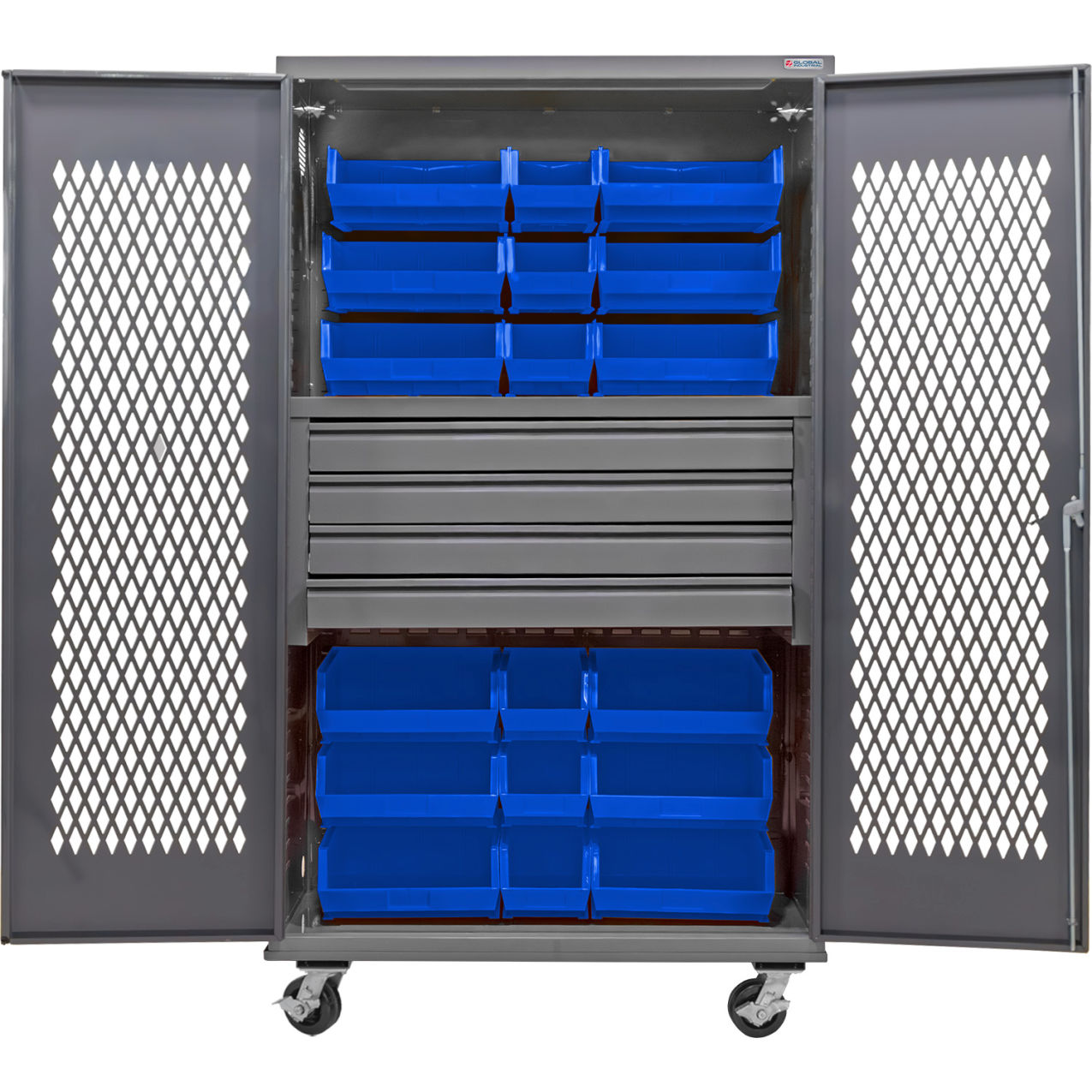 Configurable Ventilated Mobile Bin Cabinet, 48x24x85, 4 Drawers, 24 Blue Bins