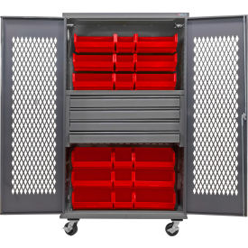 Configurable Ventilated Mobile Bin Cabinet, 48x24x85, 4 Drawers, 24 Red Bins