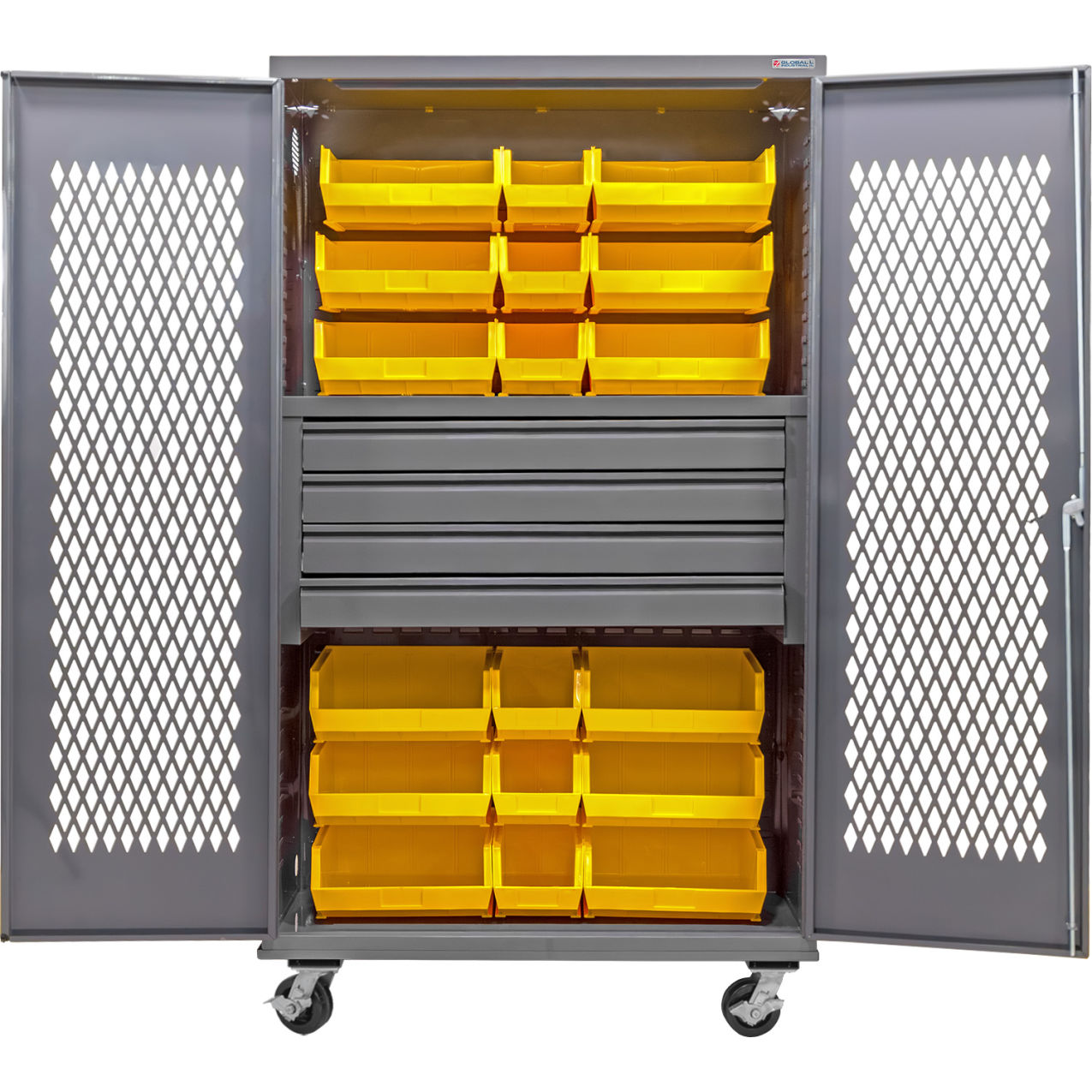 Configurable Ventilated Mobile Bin Cabinet, 48x24x85, 4 Drawers, 24 Yellow Bins