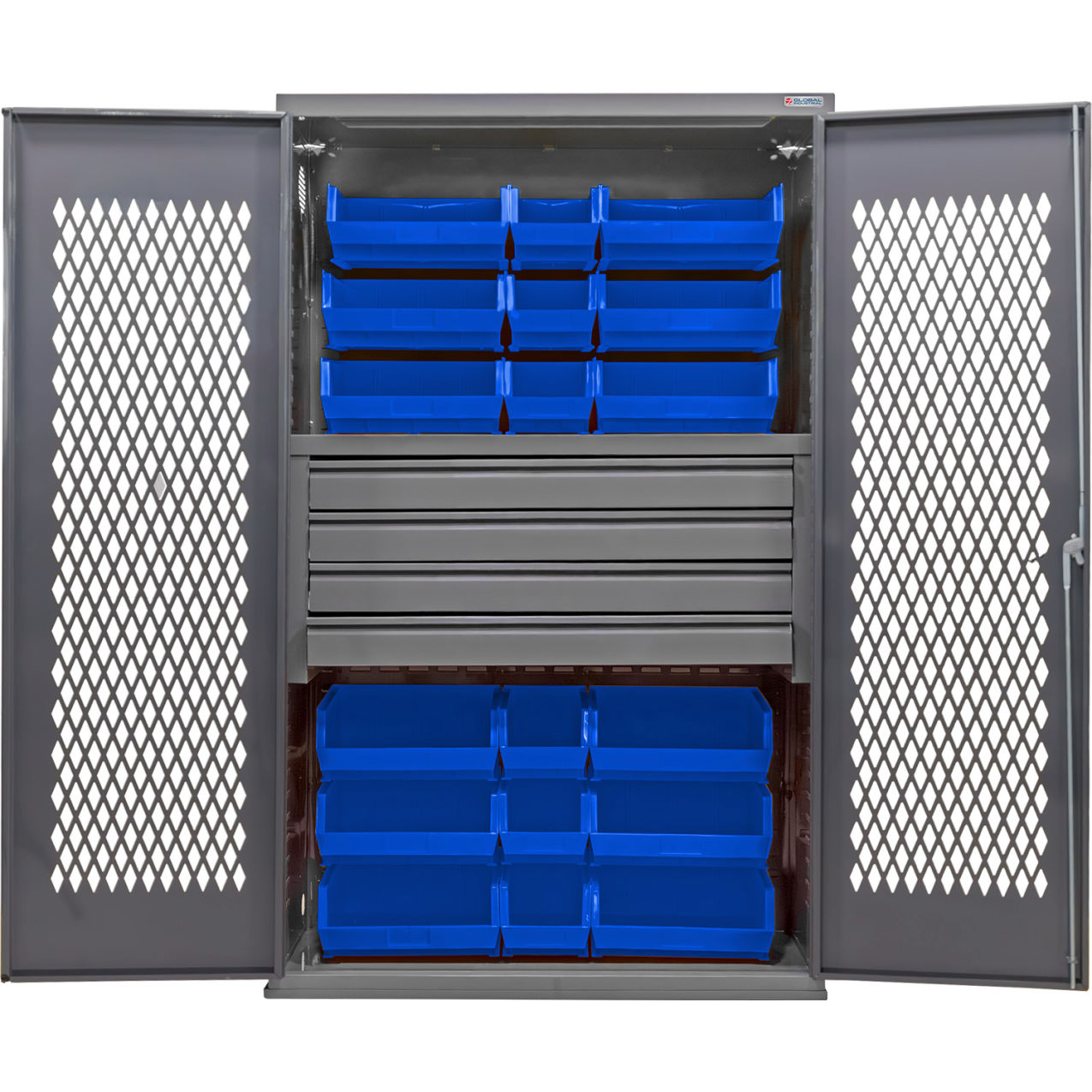 Configurable Ventilated Drawer Cabinet, 48"x24"x78", 4 Drawers, 24 Blue Bins