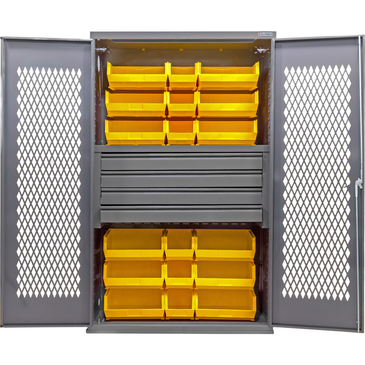Configurable Ventilated Drawer Cabinet, 48"Wx24"Dx78"H, 4 Drawers, 24 Yellow Bins