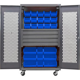 Configurable Ventilated Mobile Bin Cabinet, 48"x24"x85", 4 Drawers, 102 Blue Bins