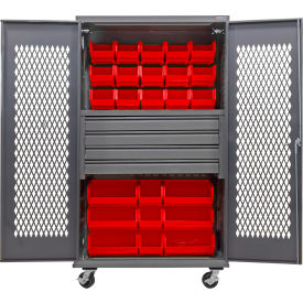 Configurable Ventilated Mobile Bin Cabinet, 48"x24"x85", 4 Drawers, 102 Red Bins