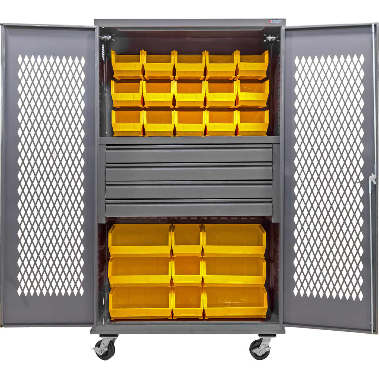 Configurable Ventilated Mobile Bin Cabinet, 48"x24"x85", 4 Drawers, 102 YLW Bins