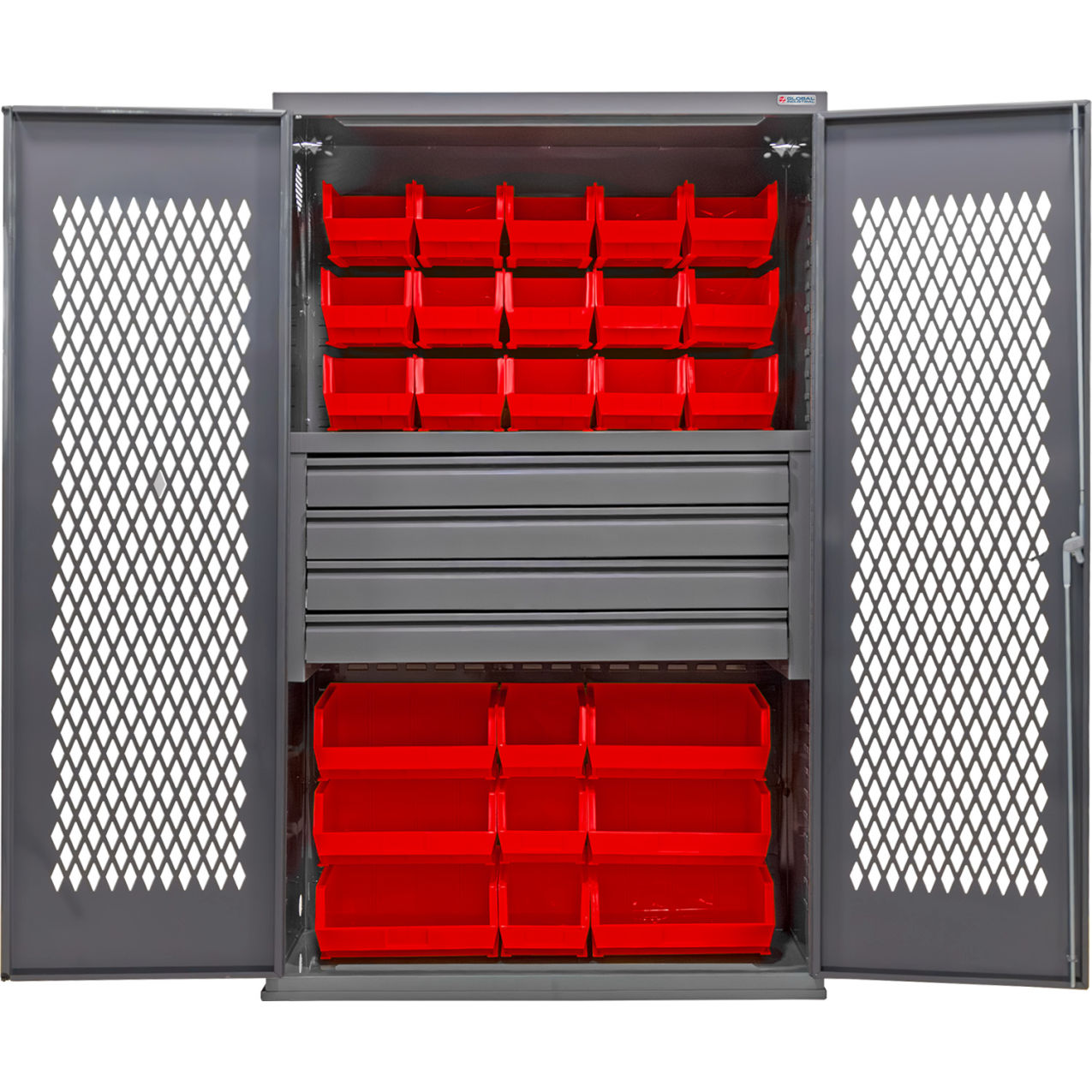 Configurable Ventilated Drawer Cabinet, 48"Wx24"Dx78"H, 4 Drawers, 102 Red Bins