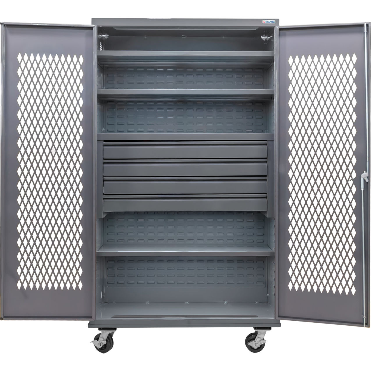 Configurable Ventilated Mobile Drawer Cabinet, 48"x24"x85", 4 Shelves, 4 Drawers