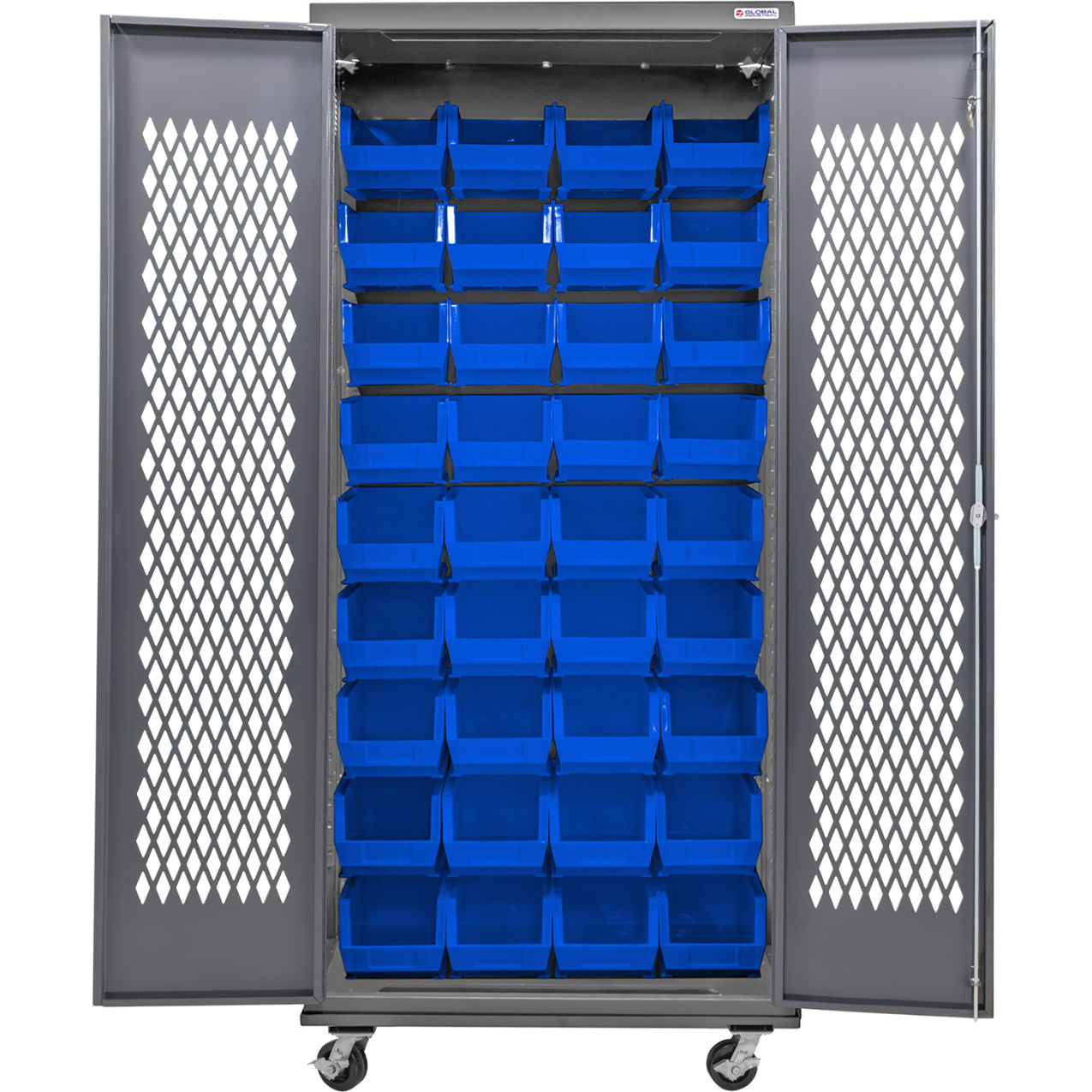 Configurable Ventilated Mobile Bin Cabinet, 36"Wx24"Dx85"H, 36 Blue Bins