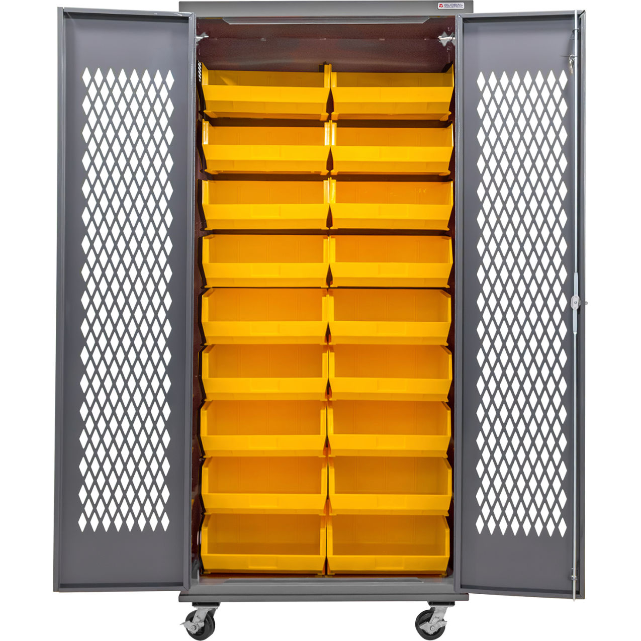 Configurable Ventilated Mobile Bin Cabinet, 36"W x 24"D x 85"H, 18 Yellow Bins