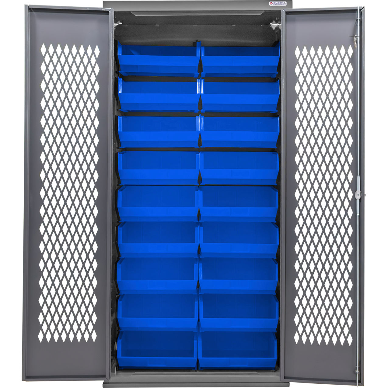 Configurable Ventilated Bin Cabinet, 36"W x 24"D x 78"H, 18 Blue Bins