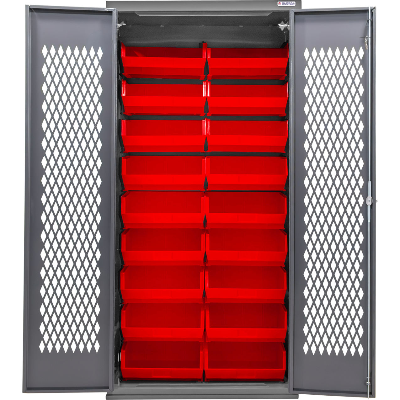Configurable Ventilated Bin Cabinet, 36"W x 24"D x 78"H, 18 Red Bins