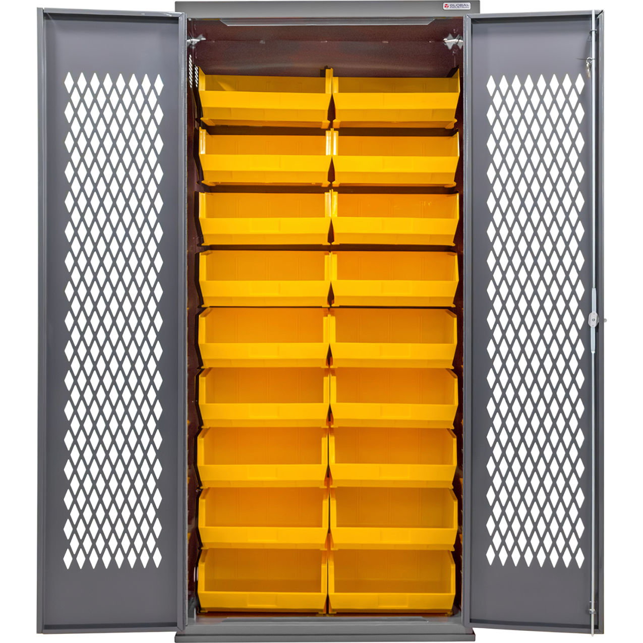 Configurable Ventilated Bin Cabinet, 36"W x 24"D x 78"H, 18 Yellow Bins