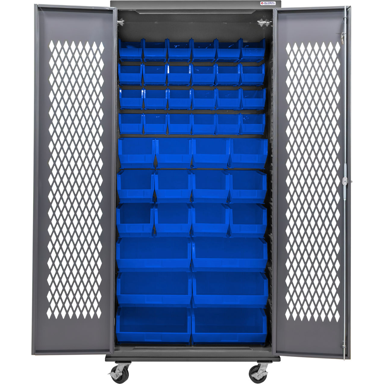 Configurable Ventilated Mobile Bin Cabinet, 36"W x 24"D x 85"H, 42 Blue Bins