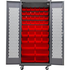 Configurable Ventilated Mobile Bin Cabinet, 36"W x 24"D x 85"H, 42 Red Bins