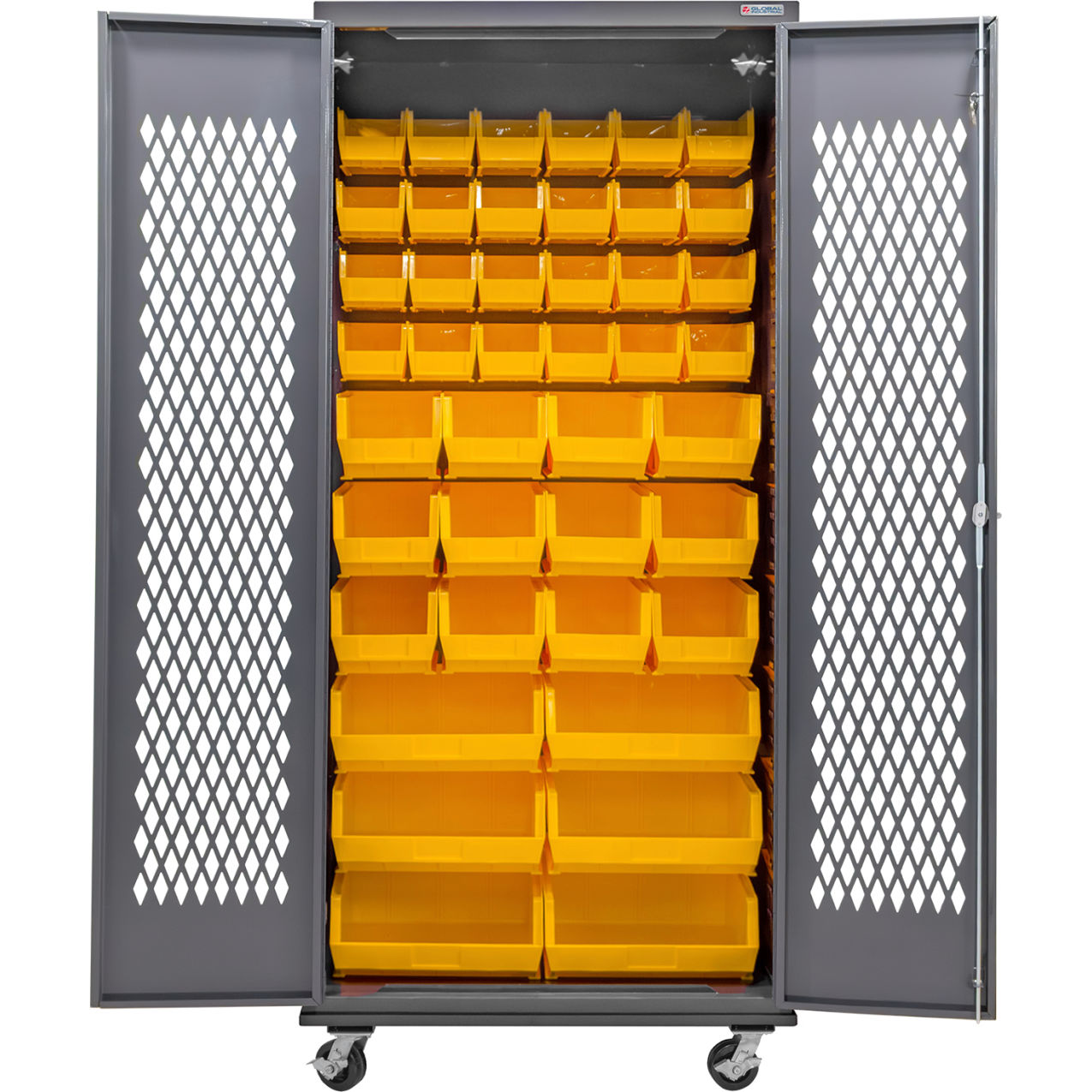 Configurable Ventilated Mobile Bin Cabinet, 36"W x 24"D x 85"H, 42 Yellow Bins