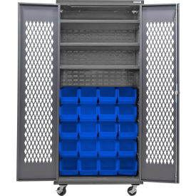 Configurable Ventilated Mobile Bin Cabinet, 36"x24"x85", 3 Shelves, 24 Blue Bins
