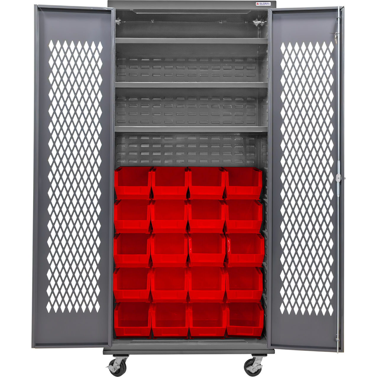 Configurable Ventilated Mobile Bin Cabinet, 36"x24"x85", 3 Shelves, 24 Red Bins