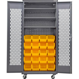 Configurable Ventilated Mobile Bin Cabinet, 36"x24"x85", 3 Shelves, 24 YLW Bins