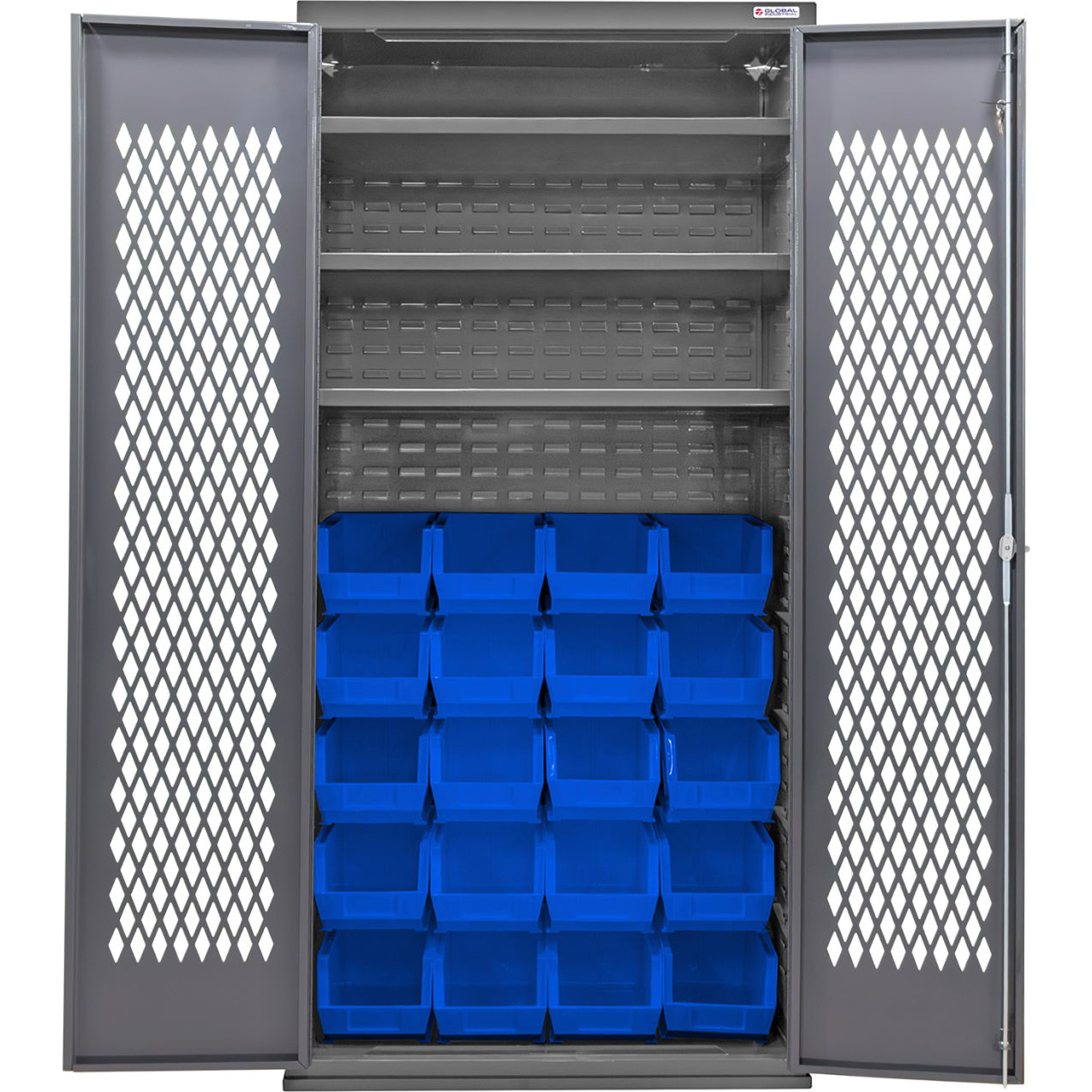 Configurable Ventilated Bin Cabinet, 36"Wx24"Dx78"H, 3 Shelves, 24 Blue Bins