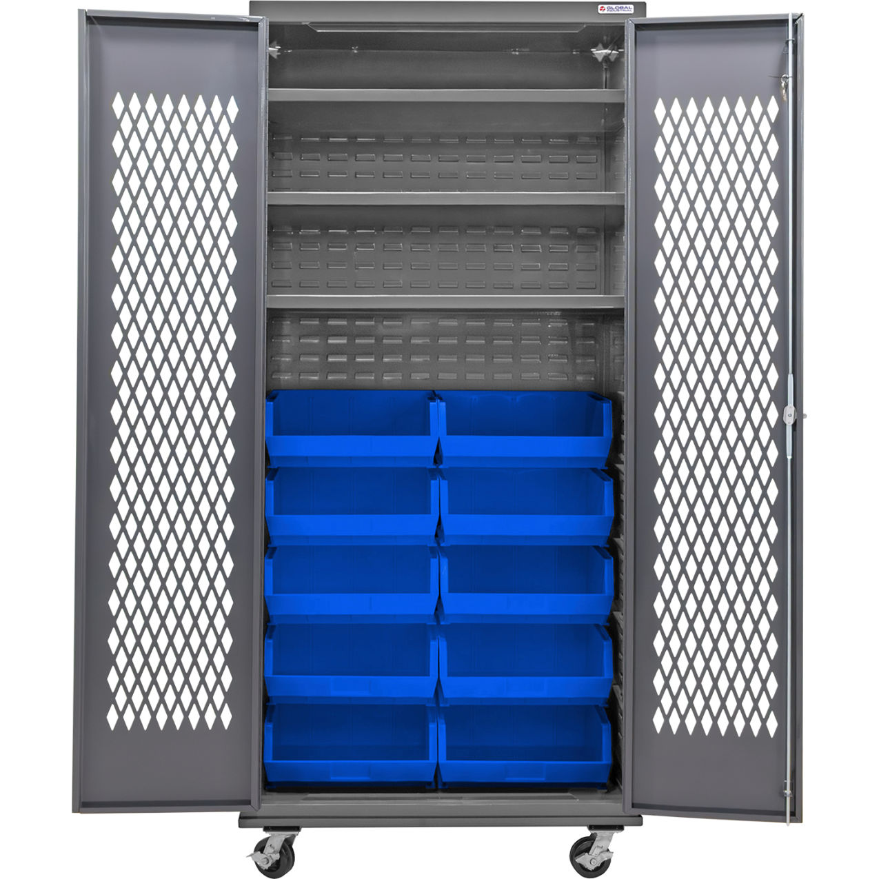 Configurable Ventilated Mobile Bin Cabinet, 36x24x85, 3 Shelves, 12 Blue Bins