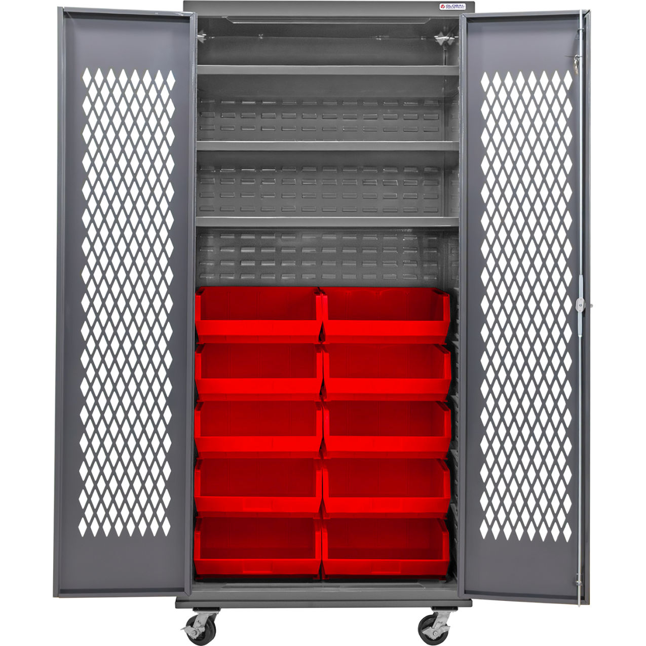 Configurable Ventilated Mobile Bin Cabinet, 36x24x85, 3 Shelves, 12 Red Bins