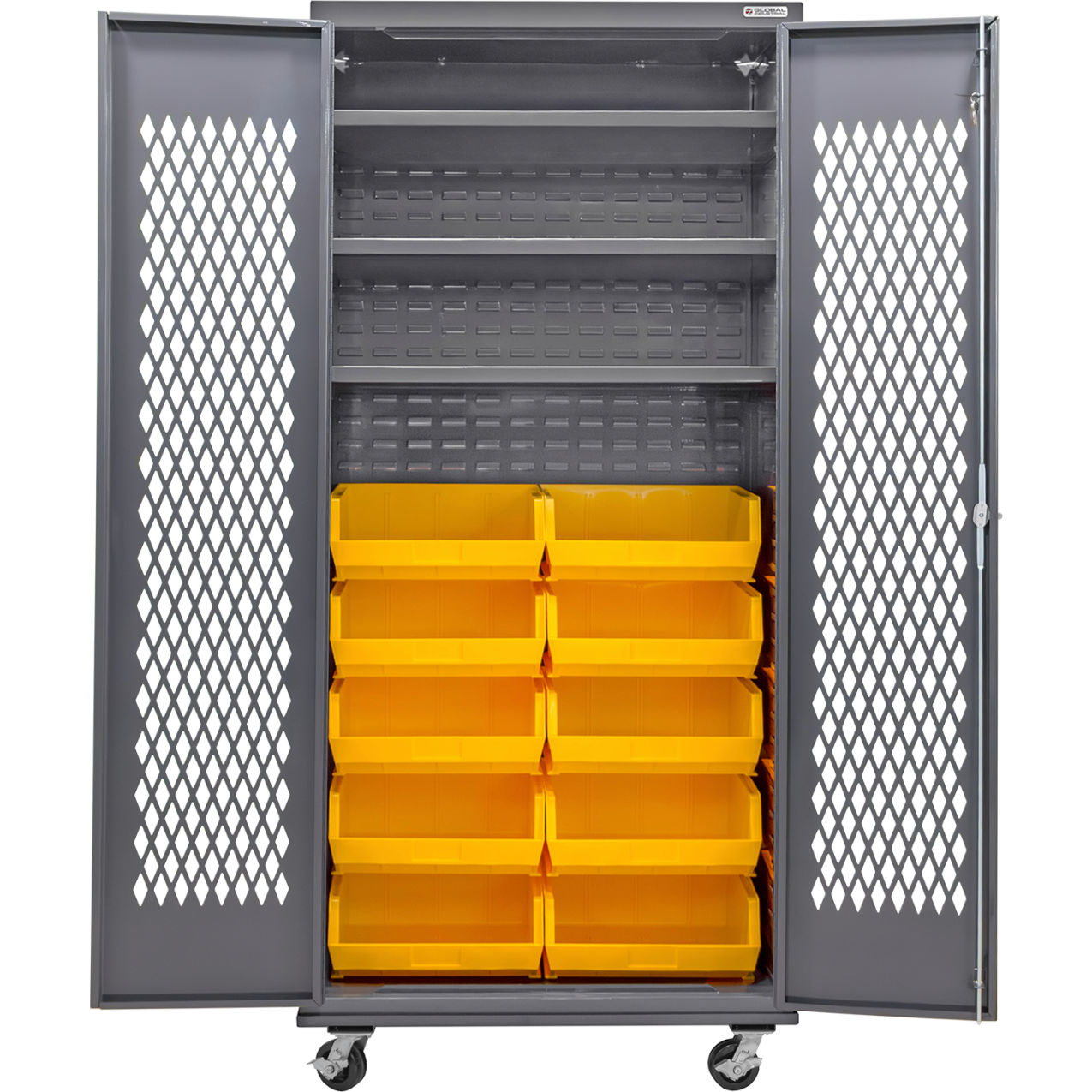 Configurable Ventilated Mobile Bin Cabinet, 36x24x85, 3 Shelves, 12 Yellow Bins