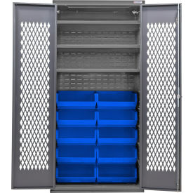 Configurable Ventilated Bin Cabinet, 36"Wx24"Dx78"H, 3 Shelves, 12 Blue Bins