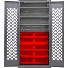 Configurable Ventilated Bin Cabinet, 36"Wx24"Dx78"H, 3 Shelves, 12 Red Bins