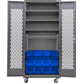 Configurable Ventilated Mobile Bin Cabinet, 36"x24"x85", 4 Shelves, 12 Blue Bins