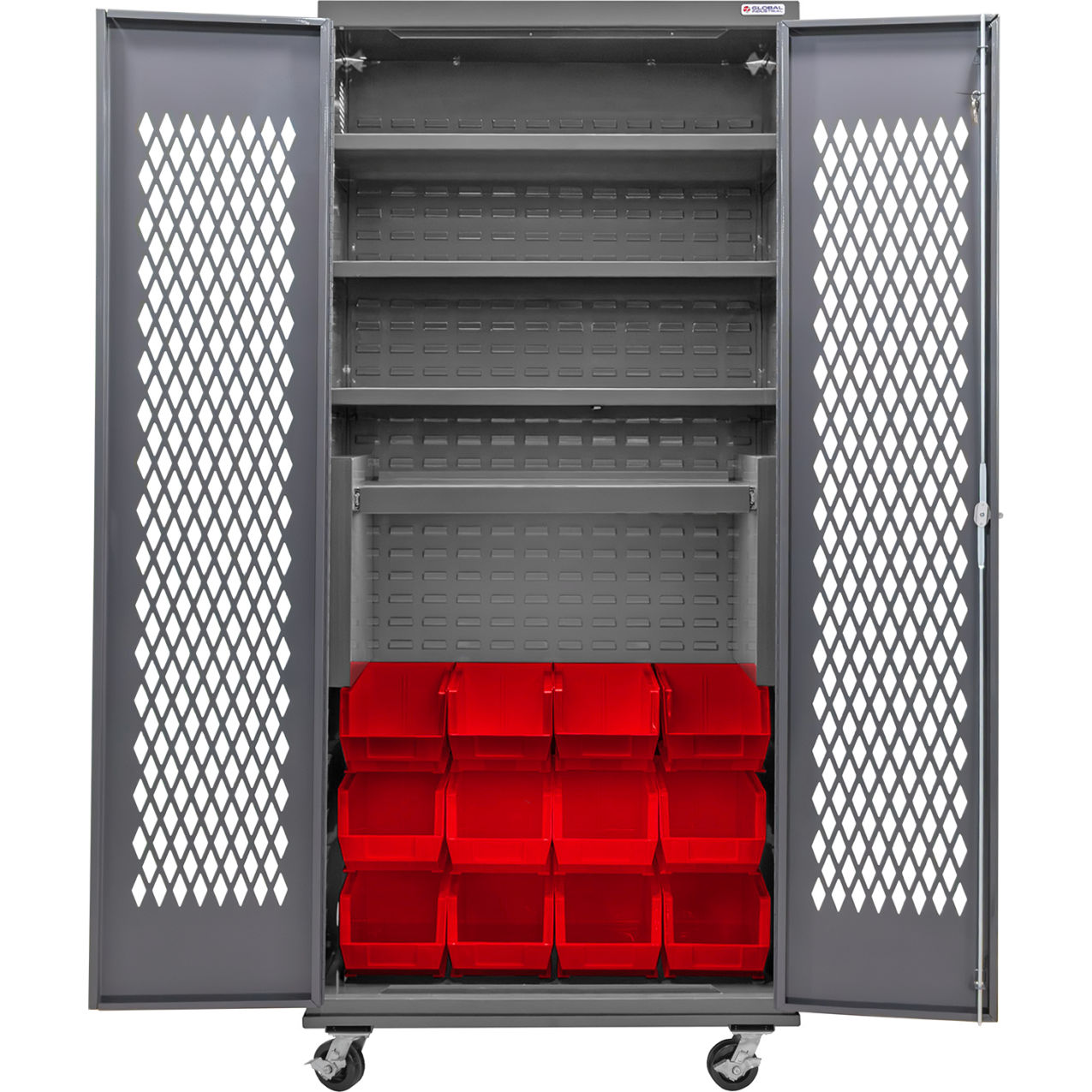 Configurable Ventilated Mobile Bin Cabinet, 36"x24"x85", 4 Shelves, 12 Red Bins