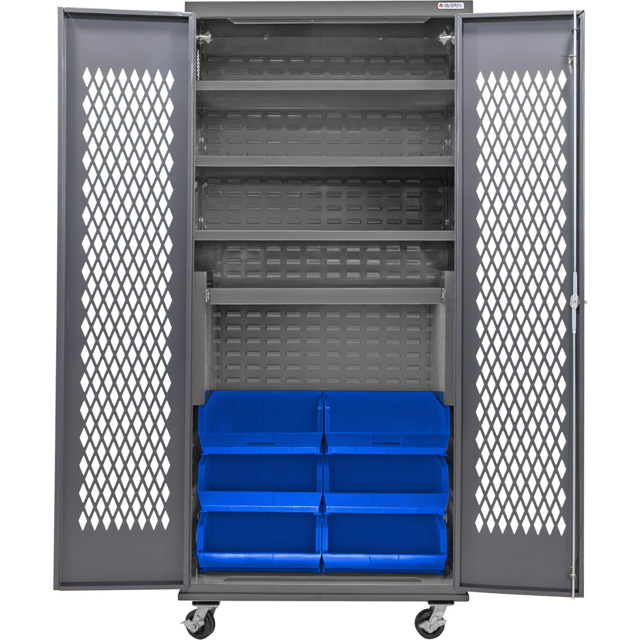 Configurable Ventilated Mobile Bin Cabinet, 36x24x85, 4 Shelves, 6 Blue Bins