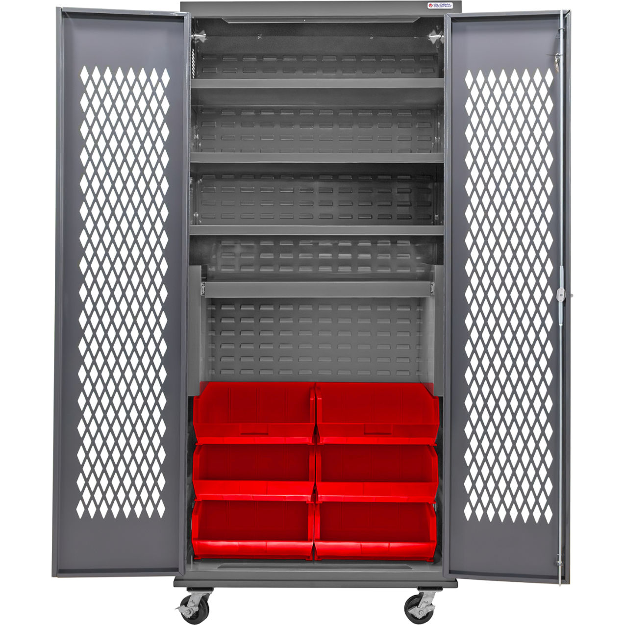 Configurable Ventilated Mobile Bin Cabinet, 36"x24"x85", 4 Shelves, 6 Red Bins