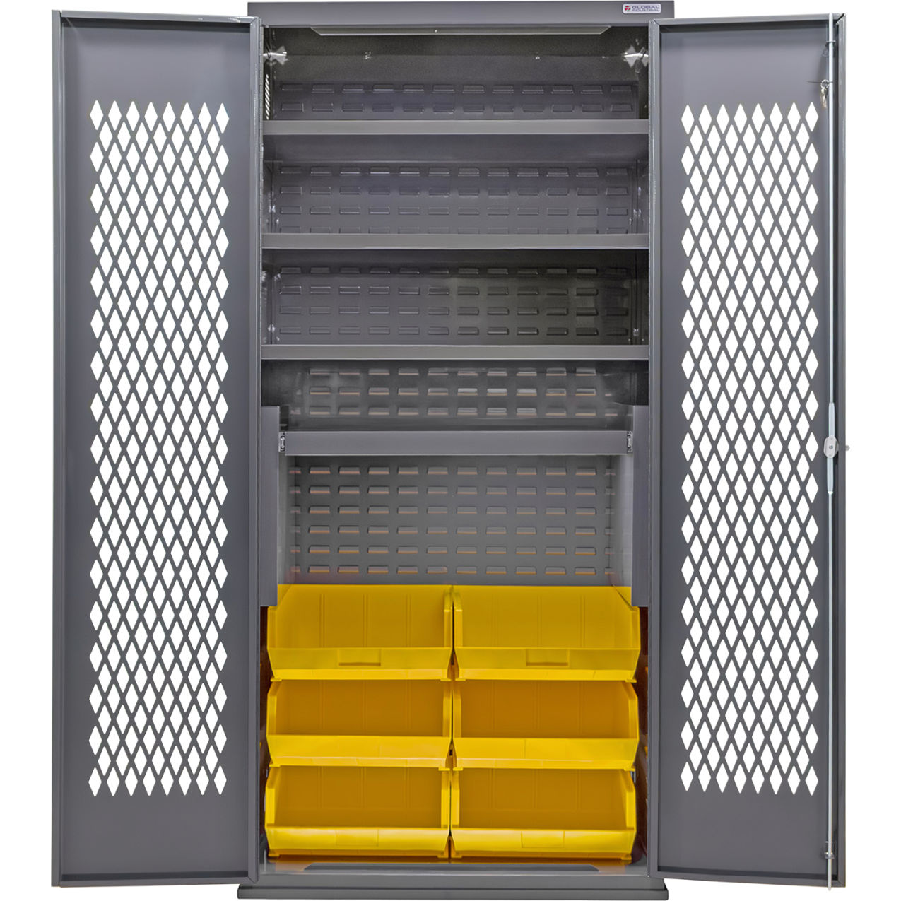 Configurable Ventilated Bin Cabinet, 36"Wx24"Dx78"H, 4 Shelves, 6 Yellow Bins