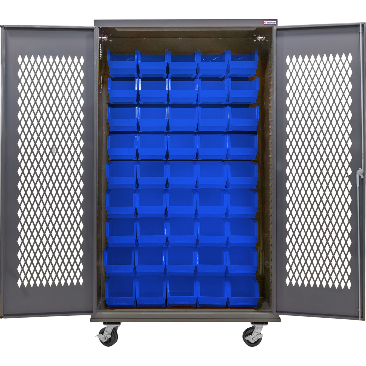Configurable Ventilated Mobile Bin Cabinet, 48"Wx24"Dx85"H, 48 Blue Bins
