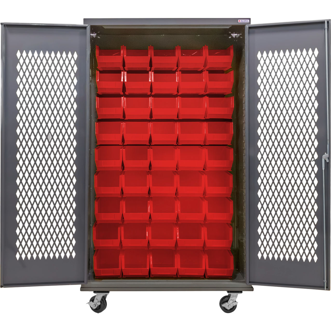 Configurable Ventilated Mobile Bin Cabinet, 48"W x 24"D x 85"H, 48 Red Bins