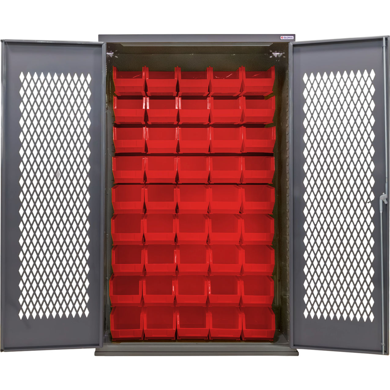 Configurable Ventilated Bin Cabinet, 48"W x 24"D x 78"H, 48 Red Bins