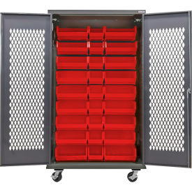 Configurable Ventilated Mobile Bin Cabinet, 48"W x 24"D x 85"H, 30 Red Bins