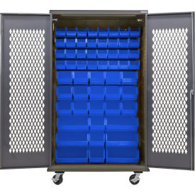 Configurable Ventilated Mobile Bin Cabinet, 48"W x 24"D x 85"H, 66 Blue Bins