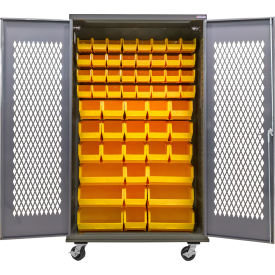 Configurable Ventilated Mobile Bin Cabinet, 48"W x 24"D x 85"H, 66 Yellow Bins
